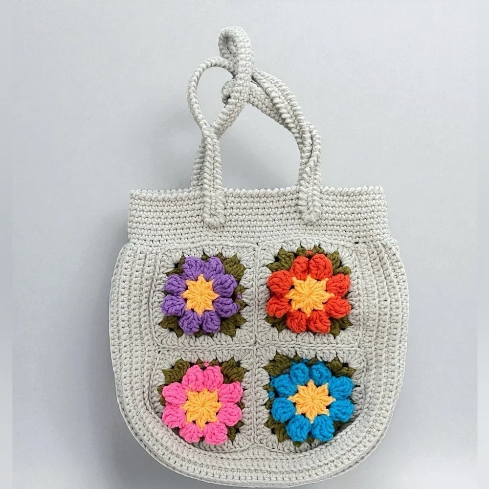 Handmade Crochet Granny Square Popcorn Stitch Floral Mini Handbag | Cottagecore